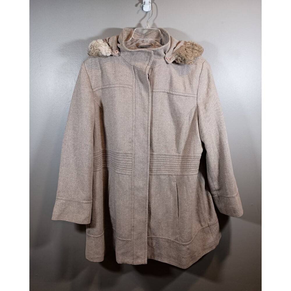 ESPRIT Womens Winter Faux Fur Lined Hooded Herringbone Beige Jacket Plus Size 2X